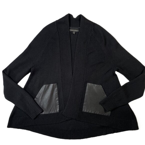 Banana Republic Black Open Front Cardigan Faux Leather Pockets Wool Blend Size M - Picture 7 of 16